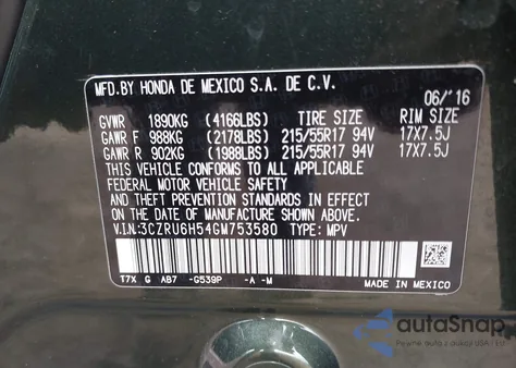 2016 Honda Hr-V Ex z USA, uszkodzony, nr VIN 3CZRU6H54GM753580